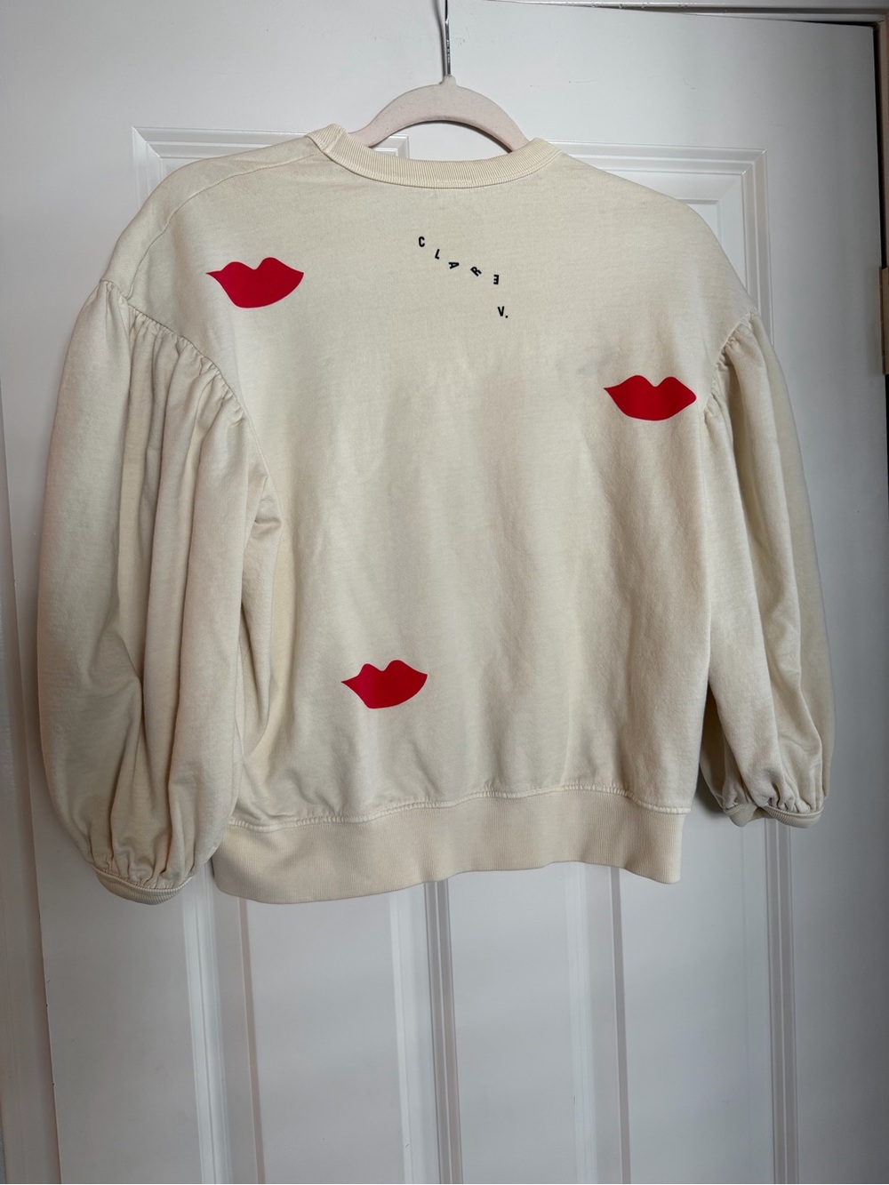 Clare V Cream Puff-Sleeve Sweatshirt with Red Lip Motif - Picture 2 of 8